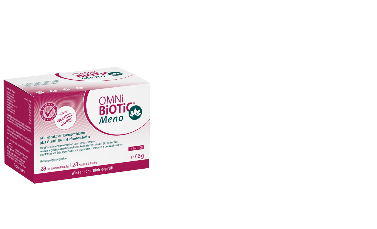 Anzeige: Für Balance in den Wechseljahren. OMNi-BiOTiC® Meno liefert sowohl spezifisch kombinierte Bakterienstämme in Pulverform als auch bewährte Pflanzenstoffe in Kapseln.